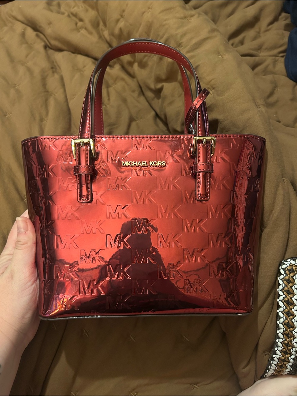 Michael Kors Shiny Red Embossed MK Mini Tote - Picture 1 of 3